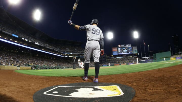 Jul 5, 2022; Pittsburgh, Pennsylvania, USA; New York Yankees center fielder Aaron Judge (99) prepares in the on-deck circle against the Pittsburgh Pirates during the seventh inning at PNC Park. Mandatory Credit: Charles LeClaire-USA TODAY Sports