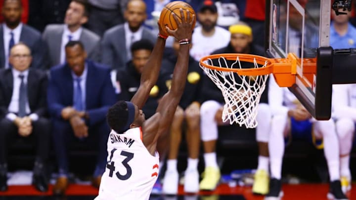 TORONTO, ONTARIO - JUNE 02: Pascal Siakam #43 of the Toronto Raptors dunks the ball against the Golden State Warriors in the second half during Game Two of the 2019 NBA Finals at Scotiabank Arena on June 02, 2019 in Toronto, Canada. NOTE TO USER: User expressly acknowledges and agrees that, by downloading and or using this photograph, User is consenting to the terms and conditions of the Getty Images License Agreement. (Photo by Vaughn Ridley/Getty Images)