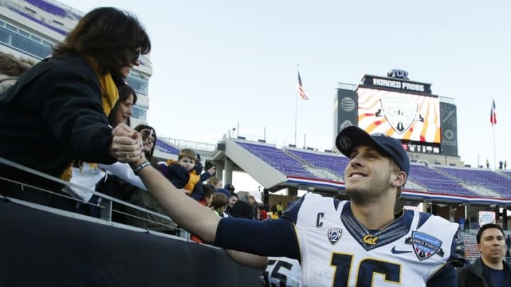 Dec 29, 2015; Fort Worth, TX, USA; California Golden Bears quarterback Jared Goff (16) shakes hands with a fan after defeating the Air Force Falcons at Amon G. Carter Stadium. California won 55-36. Mandatory Credit: Tim Heitman-USA TODAY Sports