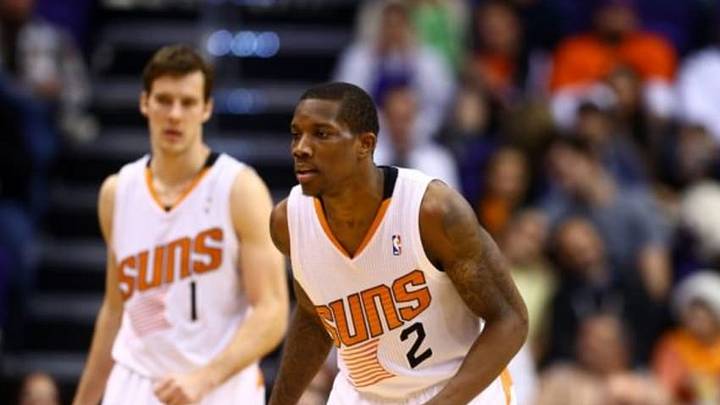 Dec 13, 2013; Phoenix, AZ, USA; Phoenix Suns guard Eric Bledsoe (2) and Goran Dragic against the Sacramento Kings at US Airways Center. The Suns defeated the Kings 116-107. Mandatory Credit: Mark J. Rebilas-USA TODAY Sports