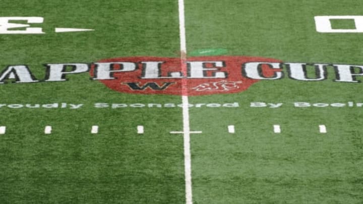 Nov 25, 2016; Pullman, WA, USA; Apple Cup logo painted on the field before the Washington Huskies at Washington State Cougars football game at Martin Stadium. Mandatory Credit: James Snook-USA TODAY Sports