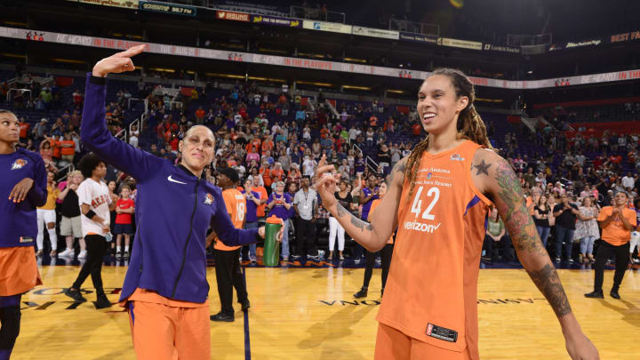PHOENIX, AZ – AUGUST 17: Guard Diana Taurasi #3 and center Brittney Griner #42 of the Phoenix Mercury celebrate after the game against the Atlanta Dream on August 17, 2018 at Talking Stick Resort Arena in Phoenix, Arizona. NOTE TO USER: User expressly acknowledges and agrees that, by downloading and or using this Photograph, user is consenting to the terms and conditions of the Getty Images License Agreement. Mandatory Copyright Notice: Copyright 2018 NBAE (Photo by Barry Gossage/NBAE via Getty Images)