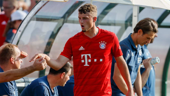 VILSHOFEN, GERMANY – AUGUST 25: Michael Cuisance of FC Bayern Muenchen looks on during the match between Vilshofen Rot Weiss and FC Bayern Muenchen at Klaus Augenthaler Stadion on August 25, 2019, in Vilshofen, Germany. (Photo by TF-Images/Getty Images)