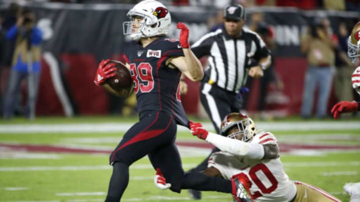 GLENDALE, ARIZONA – OCTOBER 31: Wide receiver Andy Isabella #89 of the Arizona Cardinals runs through the tackle of defensive back Jimmie Ward #20 of the San Francisco 49ers on an 88-yard touchdown catch and run during the second half of the NFL football game at State Farm Stadium on October 31, 2019 in Glendale, Arizona. (Photo by Ralph Freso/Getty Images)