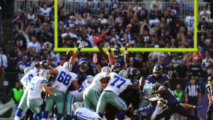 Oct 14, 2012; Baltimore, MD, USA; Dallas Cowboys kicker Dan Bailey (5) misses a field goal in the final seconds of the fourth quarter against the Baltimore Ravens at M&T Bank Stadium. Baltimore defeated Dallas 31-29. Mandatory Credit: James Lang-USA TODAY Sports