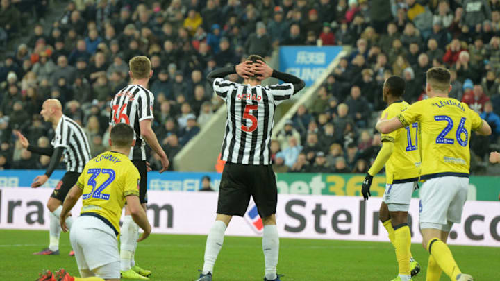 NEWCASTLE UPON TYNE, ENGLAND - JANUARY 05: Fabian Schar of Newcastle United reacts after a missed chance during the FA Cup Third Round match between Newcastle United and Blackburn Rovers at St. James Park on January 5, 2019 in Newcastle upon Tyne, United Kingdom. (Photo by Mark Runnacles/Getty Images)