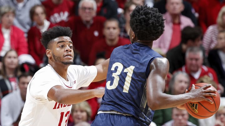 BLOOMINGTON, IN – NOVEMBER 09: Juwan Morgan #13 of the Indiana Hoosiers defends against Devin Kirby #31 of the Montana State Bobcats in the first half of the game at Assembly Hall on November 9, 2018 in Bloomington, Indiana. The Hoosiers won 80-35. (Photo by Joe Robbins/Getty Images)