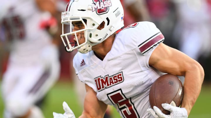 ATHENS, GA - NOVEMBER 17: Andy Isabella #5 of the Massachusetts Minutemen carries the ball during the first quarter against the Georgia Bulldogs on November 17, 2018 at Sanford Stadium in Athens, Georgia. (Photo by Scott Cunningham/Getty Images)