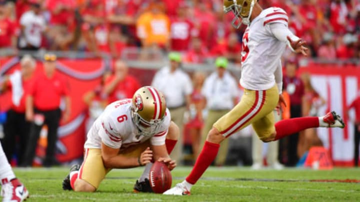 TAMPA, FLORIDA – SEPTEMBER 08: Robbie Gould #9 of the San Francisco 49ers kicks a 47-yard field goal in the fourth quarter of a football game against the Tampa Bay Buccaneers at Raymond James Stadium on September 08, 2019 in Tampa, Florida. (Photo by Julio Aguilar/Getty Images)