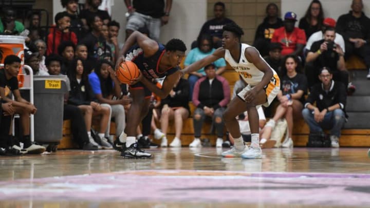 July 6, 2023; North Augusta, S.C., USA; Florida Rebels Karter Knox (21) during the Team Thad and Florida Rebels basketball game at the fourth day of the Nike Peach Jam at Riverview Park Activities Center. The Florida Rebels defeated Team Thad 86-80 in overtime. Mandatory Credit: Katie Goodale-USA TODAY Network