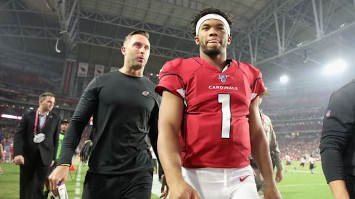 GLENDALE, ARIZONA - AUGUST 08: Head coach Kliff Kingsbury and quarterback Kyler Murray #1 of the Arizona Cardinals walk off the field during the NFL preseason game against the Los Angeles Chargers at State Farm Stadium on August 08, 2019 in Glendale, Arizona. The Cardinals defeated the Chargers 17-13. (Photo by Christian Petersen/Getty Images)