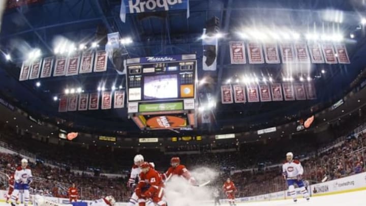 Nov 16, 2014; Detroit, MI, USA; Montreal Canadiens goalie Dustin Tokarski (35) makes the save on Detroit Red Wings left wing Tomas Tatar (21) in the third period at Joe Louis Arena. Mandatory Credit: Rick Osentoski-USA TODAY Sports