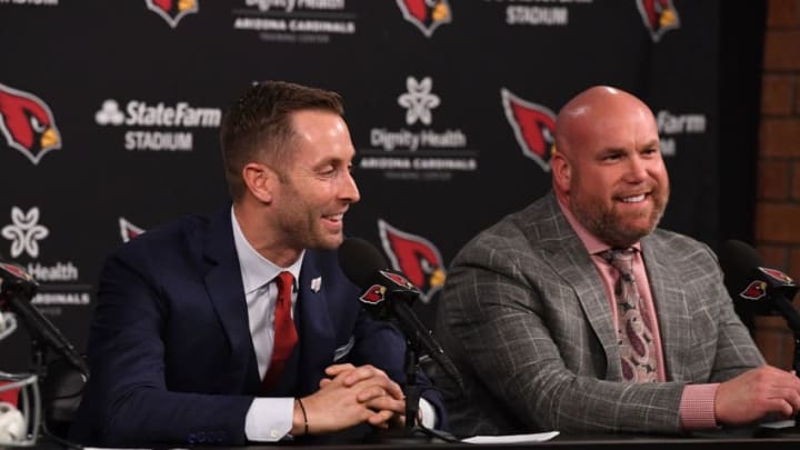 TEMPE, AZ - JANUARY 09: Arizona Cardinals new head coach Kliff Kingsbury and general manager Steve Keim (R) talk to the media at the Arizona Cardinals Training Facility on January 9, 2019 in Tempe, Arizona. (Photo by Norm Hall/Getty Images)