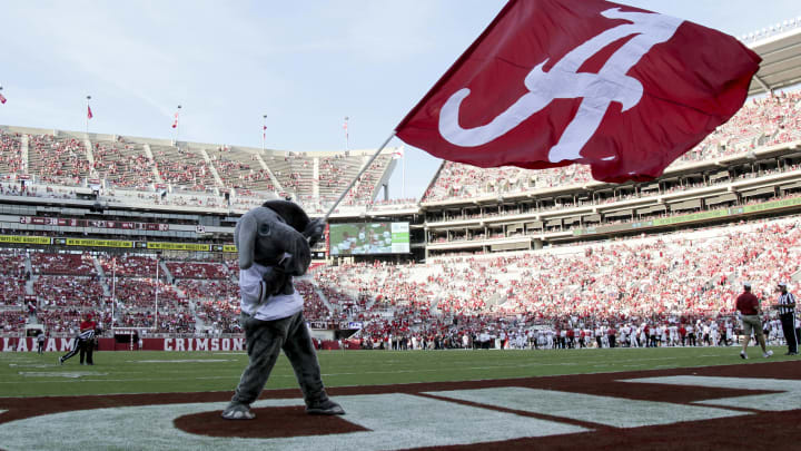 Sep 10, 2016; Tuscaloosa, AL, USA; Alabama Crimson Tide mascot Big AL waves a flag during the game against the Western Kentucky Hilltoppers Hilltoppers at Bryant-Denny Stadium. The Tide defeated the Hilltoppers 38-10. Mandatory Credit: Marvin Gentry-USA TODAY Sports