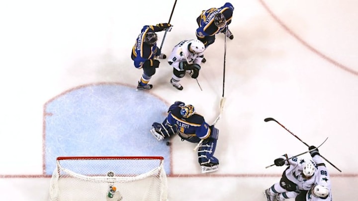 May 17, 2016; St. Louis, MO, USA; San Jose Sharks defenseman Brent Burns (88) celebrates with teammate center Joe Thornton (19) after scoring a goal against St. Louis Blues goalie Brian Elliott (1) during the second period in game two of the Western Conference Final of the 2016 Stanley Cup Playoff at Scottrade Center. The Sharks won 4-0. Mandatory Credit: Aaron Doster-USA TODAY Sports