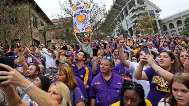 Nov 28, 2015; Baton Rouge, LA, USA; LSU Tigers fans show their support for LSU Tigers head coach Les Miles outside Tiger Stadium prior to kickoff against the Texas A&M Aggies. Mandatory Credit: Crystal LoGiudice-USA TODAY Sports