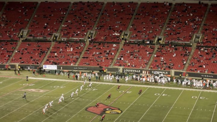 LOUISVILLE, KENTUCKY - SEPTEMBER 19: The crowd is spaced out to watch the Louisville Cardinals against the Miami Hurricanes at Cardinal Stadium on September 19, 2020 in Louisville, Kentucky. (Photo by Andy Lyons/Getty Images)