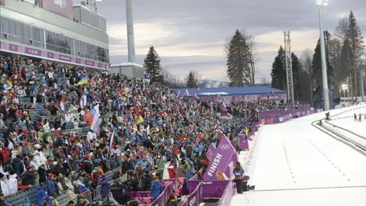 Feb 9, 2014; Krasnaya Polyana, RUSSIA; A general view of the spectator seats prior to the start of the women’s biathlon 7.5k pursuit during the Sochi 2014 Olympic Winter Games at Laura Cross-Country Ski and Biathlon Center. Mandatory Credit: Eric Bolte-USA TODAY Sports
