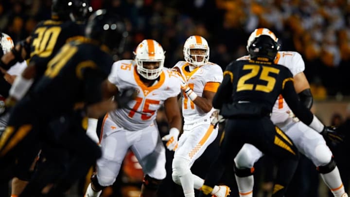 COLUMBIA, MO - NOVEMBER 21: Quarterback Joshua Dobbs #11 of the Tennessee Volunteers passes during the game against the Missouri Tigers at Faurot Field/Memorial Stadium on November 21, 2015 in Columbia, Missouri. (Photo by Jamie Squire/Getty Images)