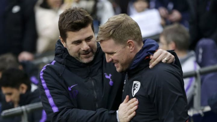 LONDON, ENGLAND - DECEMBER 26: Mauricio Pochettino, Manager of Tottenham Hotspur shakes hands with Eddie Howe, Manager of AFC Bournemouth ahead of the Premier League match between Tottenham Hotspur and AFC Bournemouth at Tottenham Hotspur Stadium on December 26, 2018 in London, United Kingdom. (Photo by Henry Browne/Getty Images)