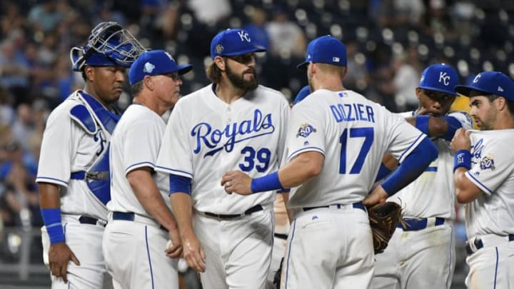 KANSAS CITY, MO - JUNE 19: Jason Hammel #39 starting pitcher of the Kansas City Royals leaves the mound after being taken out of a game against the Texas Rangers at Kauffman Stadium on June 19, 2018 in Kansas City, Missouri. (Photo by Ed Zurga/Getty Images)
