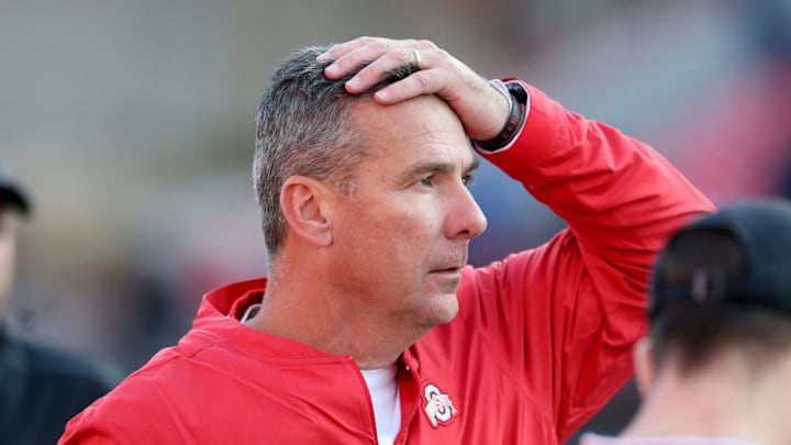 COLLEGE PARK, MD - NOVEMBER 17: Head coach Urban Meyer of the Ohio State Buckeyes reacts after a play against the Maryland Terrapins during the second half at Capital One Field on November 17, 2018 in College Park, Maryland. (Photo by Will Newton/Getty Images)