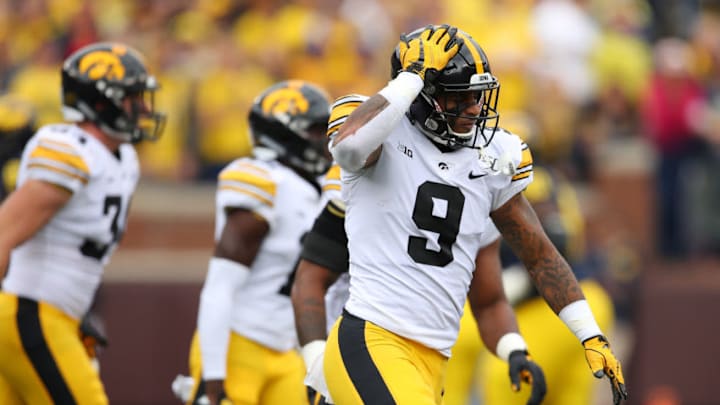 ANN ARBOR, MICHIGAN - OCTOBER 05: Geno Stone #9 of the Iowa Hawkeyes celebrates his first quarter interception against the Michigan Wolverines at Michigan Stadium on October 05, 2019 in Ann Arbor, Michigan. (Photo by Gregory Shamus/Getty Images)