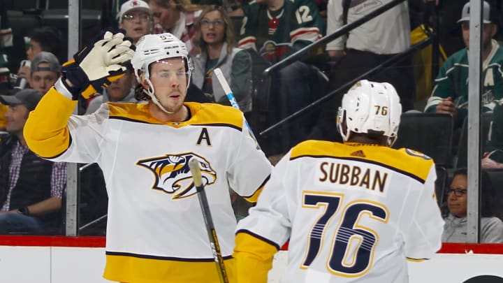 ST. PAUL, MN – MARCH 25: Ryan Johansen #92 of the Nashville Predators celebrates his 1st period shorthanded goal with P.K. Subban #76 of the Nashville Predators during a game with the Minnesota Wild at Xcel Energy Center on March 25, 2019 in St. Paul, Minnesota.(Photo by Bruce Kluckhohn/NHLI via Getty Images)
