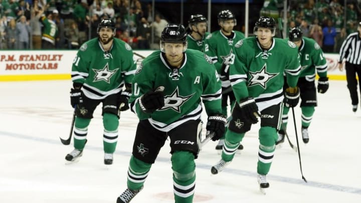 Oct 20, 2016; Dallas, TX, USA; Dallas Stars center Jason Spezza (90) skates back to the bench after scoring a goal in the third period against the Los Angeles Kings at American Airlines Center. Los Angeles won 4-3 in overtime. Mandatory Credit: Tim Heitman-USA TODAY Sports