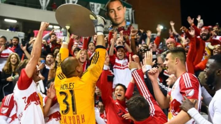 Oct 25, 2015; Chicago, IL, USA; The New York Red Bulls react after the game at Toyota Park. New York Red Bulls defeat the Chicago Fire 2-1. Mandatory Credit: Mike DiNovo-USA TODAY Sports