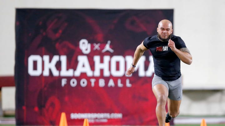Jeremiah Hall runs the 40-yard dash during the University of Oklahoma Sooners football Pro Day inside the Everest Training Center in Norman, Okla., Wednesday, March 9, 2022.Ou Football Pro Day