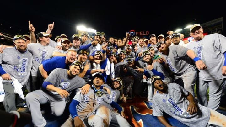 Nov 1, 2015; New York City, NY, USA; Kansas City Royals players pose for a team photo after defeating the New York Mets in game five of the World Series at Citi Field. The Royals win the World Series four games to one. Mandatory Credit: Jeff Curry-USA TODAY Sports