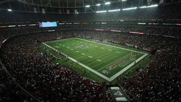 Sep 17, 2012; Atlanta, GA, USA; General view of the NFL game between the Denver Broncos and the Atlanta Falcons at the Georgia Dome. Mandatory Credit: Kirby Lee/Image of Sport-USA TODAY Sports
