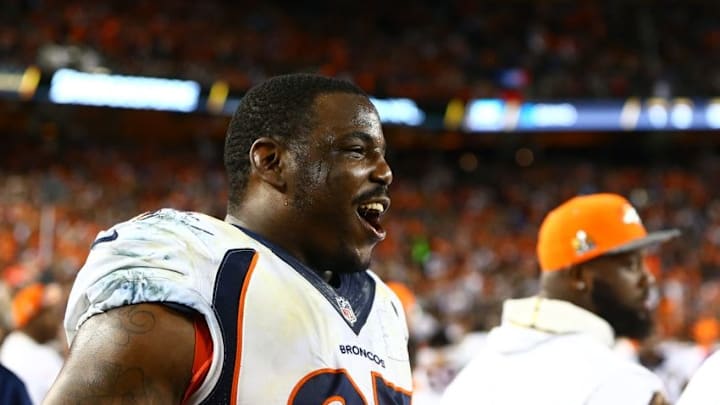 Feb 7, 2016; Santa Clara, CA, USA; Denver Broncos defensive tackle Malik Jackson (97) against the Carolina Panthers in Super Bowl 50 at Levi