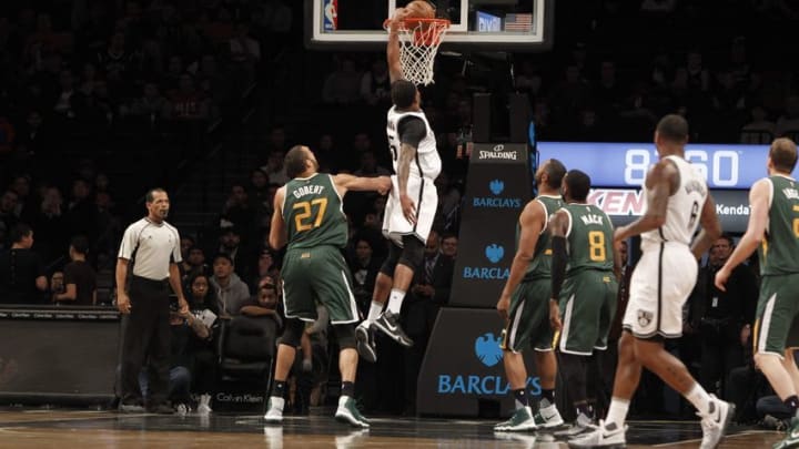 Jan 2, 2017; Brooklyn, NY, USA; Brooklyn Nets forward Trevor Booker (35) scores a basket during the first quarter against Utah Jazz at Barclays Center. Mandatory Credit: Nicole Sweet-USA TODAY Sports