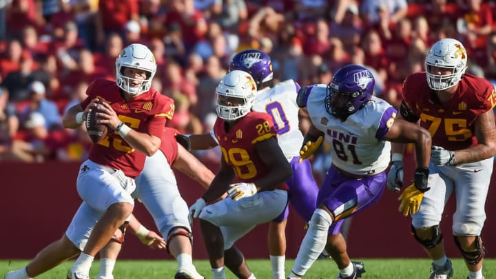 Sep 4, 2021; Ames, Iowa, USA; Iowa State Cyclones quarterback Brock Purdy (15) scrambles against the Northern Iowa Panthers in the second half at Jack Trice Stadium. Mandatory Credit: Steven Branscombe-USA TODAY Sports