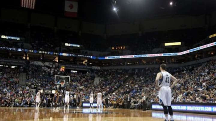 Feb 19, 2014; Minneapolis, MN, USA; Minnesota Timberwolves forward Kevin Love (42) against the Indiana Pacers at Target Center. The Timberwolves defeated the Pacers 104-91. Mandatory Credit: Brace Hemmelgarn-USA TODAY Sports