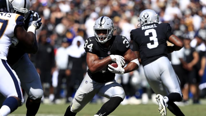 LOS ANGELES, CA – AUGUST 18: Chris Warren #34 of the Oakland Raiders runs the ball during the second half of a preseason game against the Los Angeles Rams at Los Angeles Memorial Coliseum on August 18, 2018 in Los Angeles, California. (Photo by Sean M. Haffey/Getty Images)