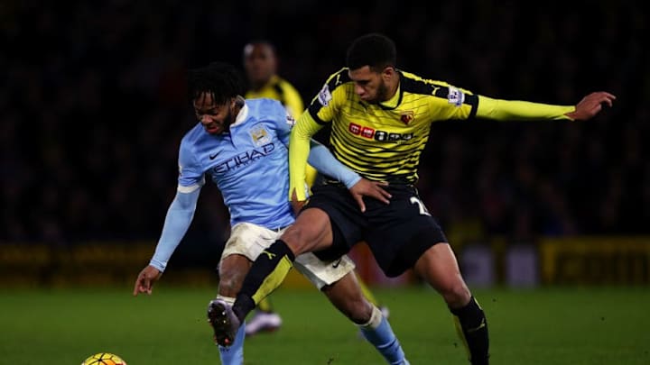 WATFORD, ENGLAND - JANUARY 02: Raheem Sterling of Manchester City battles for the ball with Etienne Capoue of Watford during the Barclays Premier League match between Watford and Manchester City at Vicarage Road on January 2, 2016 in Watford, England. (Photo by Ian Walton/Getty Images)