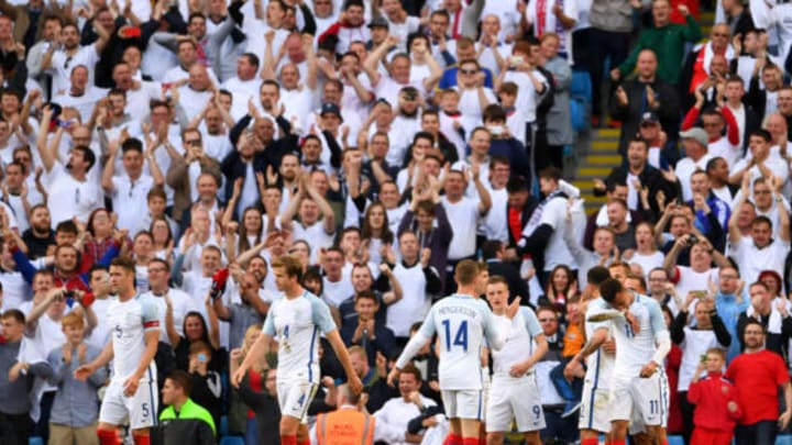 MANCHESTER, ENGLAND – MAY 22: Jamie Vardy of England is congratulated by team mates after he scores his teams second goal during the International Friendly match between England and Turkey at Etihad Stadium on May 22, 2016 in Manchester, England. (Photo by Laurence Griffiths/Getty Images)