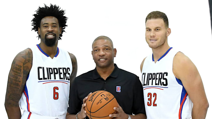PLAYA VISTA, CA - SEPTEMBER 26: Doc Rivers of the Los Angeles Clippers with DeAndre Jordan