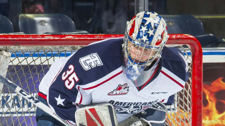 KELOWNA, BC - OCTOBER 13: Beck Warm #35 of the Tri-City Americans stands in net during warm up against the Kelowna Rockets at Prospera Place on October 13, 2018 in Kelowna, Canada. (Photo by Marissa Baecker/Getty Images)***Local Caption***