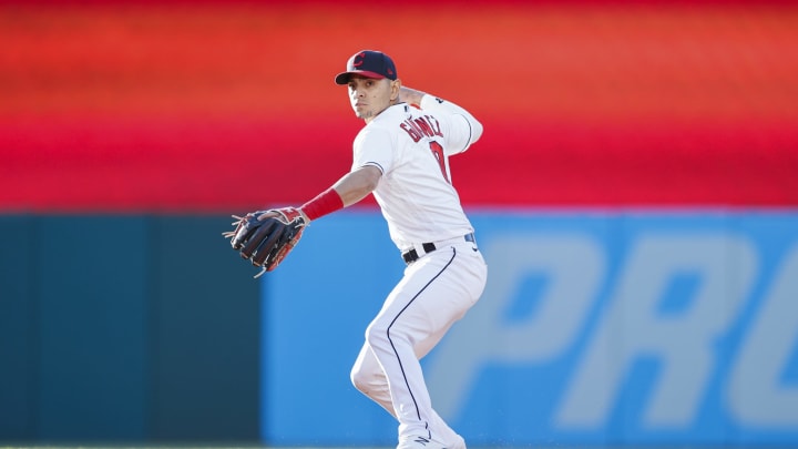 CLEVELAND, OH – MAY 08: Andres Gimenez #0 of the Cleveland Indians plays against the Cincinnati Reds during the fourth inning at Progressive Field on May 08, 2021, in Cleveland, Ohio. (Photo by Ron Schwane/Getty Images)