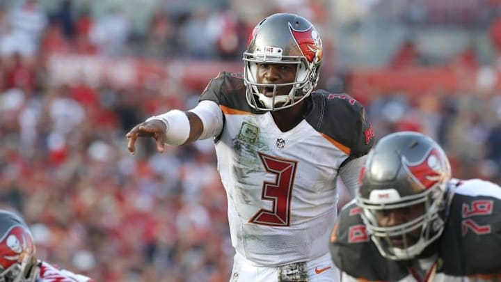 Nov 13, 2016; Tampa, FL, USA; Tampa Bay Buccaneers quarterback Jameis Winston (3) points against the Chicago Bears during the second half at Raymond James Stadium. Tampa Bay Buccaneers defeated the Chicago Bears 36-10. Mandatory Credit: Kim Klement-USA TODAY Sports