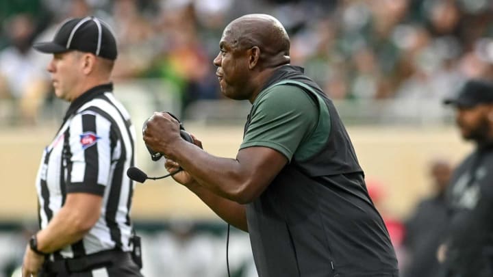 Michigan State’s head coach Mel Tucker calls out to the team during the second quarter in the game against Minnesota on Saturday, Sept. 24, 2022, at Spartan Stadium in East Lansing.220924 Msu Minn Fb 099a