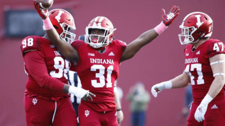 BLOOMINGTON, IN – OCTOBER 20: Bryant Fitzgerald #31 of the Indiana Hoosiers reacts after intercepting a pass in the second quarter of the game against the Penn State Nittany Lions at Memorial Stadium on October 20, 2018 in Bloomington, Indiana. (Photo by Joe Robbins/Getty Images)