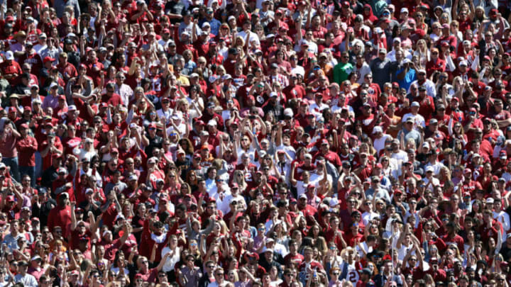 DALLAS, TEXAS - OCTOBER 12: Fans of the Oklahoma Sooners during the 2019 AT&T Red River Showdown at Cotton Bowl on October 12, 2019 in Dallas, Texas. (Photo by Ronald Martinez/Getty Images)