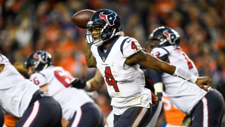 DENVER, CO - NOVEMBER 4: Quarterback Deshaun Watson #4 of the Houston Texans passes against the Denver Broncos in the fourth quarter of a game at Broncos Stadium at Mile High on November 4, 2018 in Denver, Colorado. (Photo by Dustin Bradford/Getty Images)