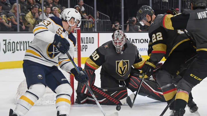 LAS VEGAS, NEVADA – FEBRUARY 28: Robin Lehner #90 of the Vegas Golden Knights defends the net against Jeff Skinner #53 of the Buffalo Sabres as Nick Holden #22 of the Golden Knights defends in the first period of their game at T-Mobile Arena on February 28, 2020 in Las Vegas, Nevada. The Golden Knights defeated the Sabres 4-2. (Photo by Ethan Miller/Getty Images)