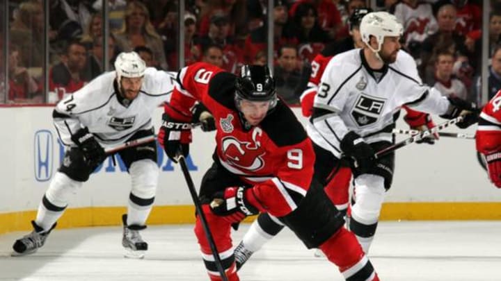 NEWARK, NJ – MAY 30: Zach Parise #9 of the New Jersey Devils handles the puck against the Los Angeles Kings during Game One of the 2012 NHL Stanley Cup Final at the Prudential Center on May 30, 2012 in Newark, New Jersey. (Photo by Bruce Bennett/Getty Images)